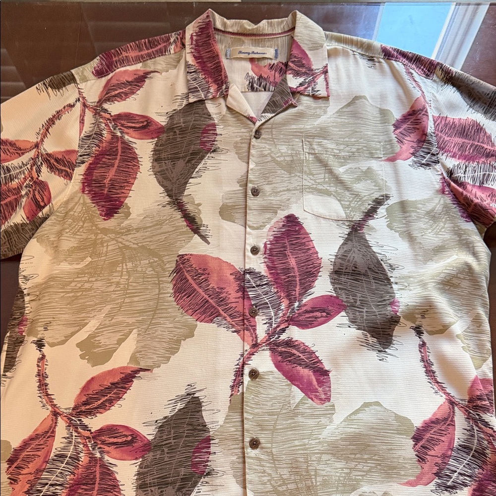 Tommy Bahama Men's Leaf Print Shirt - Cream, Red, Gray
